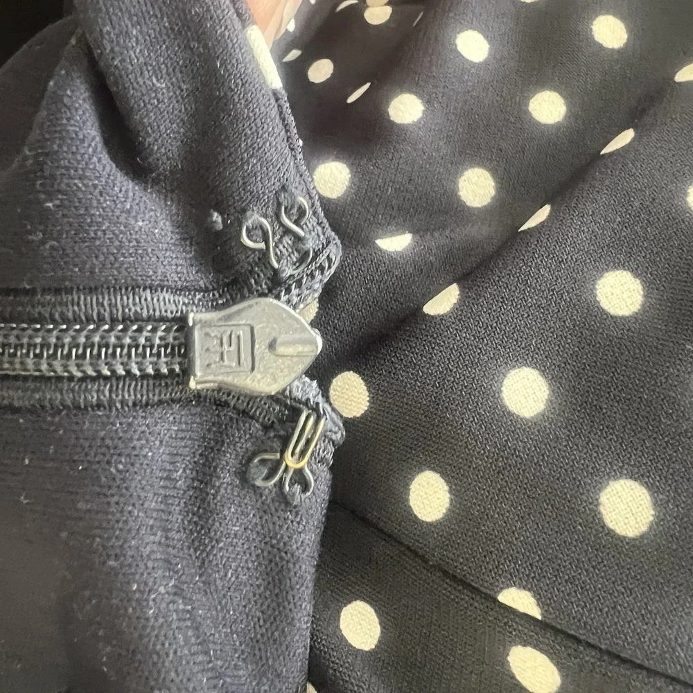 Adrianna Papell Dress Sz 8 Polka Dot‎ Ruched Slimming Blue White Preppy Career